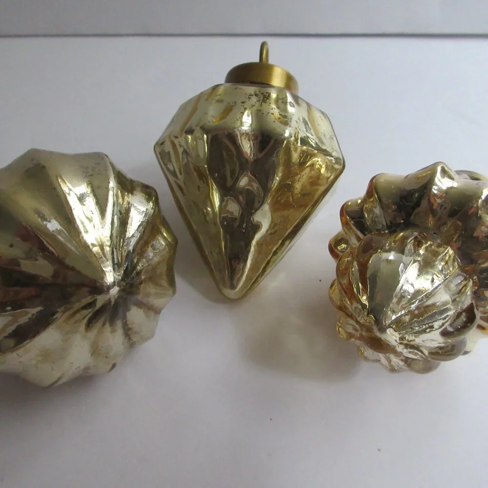 Crate&Barrel Gold Tone Mercury Glass Christmas Ornaments Set of 5 Retro Repro